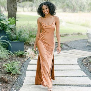 Revelry Gold Champagne Satin Double Slit Dress